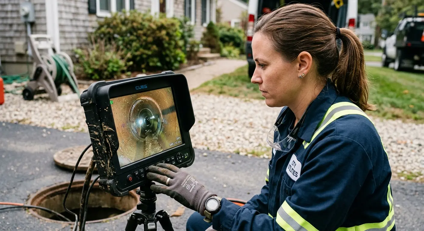 Technician reviewing sewer camera inspection footage in Wappingers Falls
