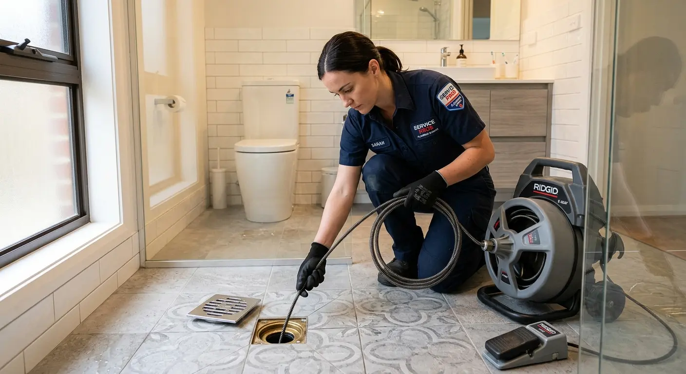 Technician clearing a bathroom floor drain for Drain Repair in Wappingers Falls